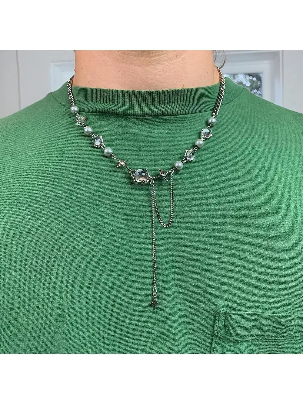 Cyber y2k grunge silver and beaded futuristic glass opal pendant necklace. Cuban